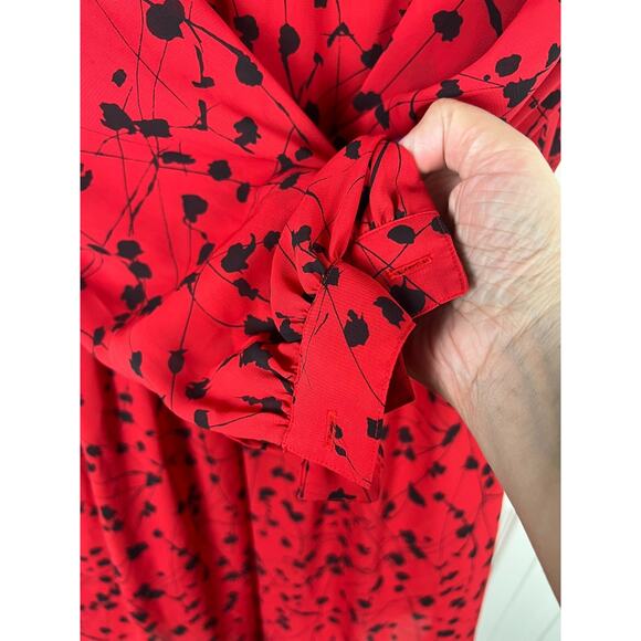 Vintage 70s White Collar Red Chiffon Black Floral Dress W Belt Size 8 or S/M - Picture 8 of 15